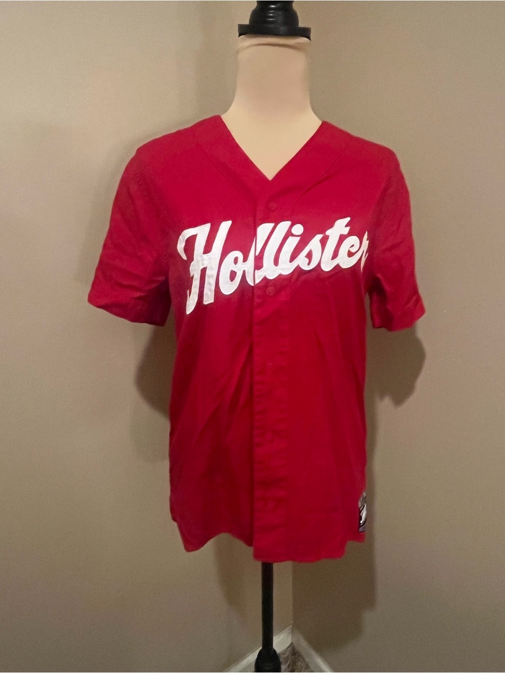 Hollister White Script Logo on Red Baseball Jersey